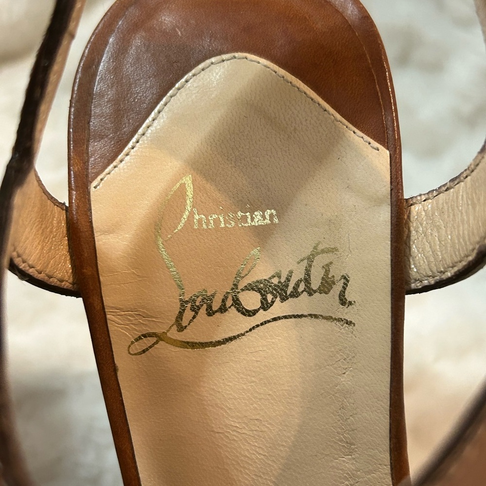 Authentic Christian Louboutin Leather Tan Wooden Wedge Sandals US size 6 - Picture 4 of 16